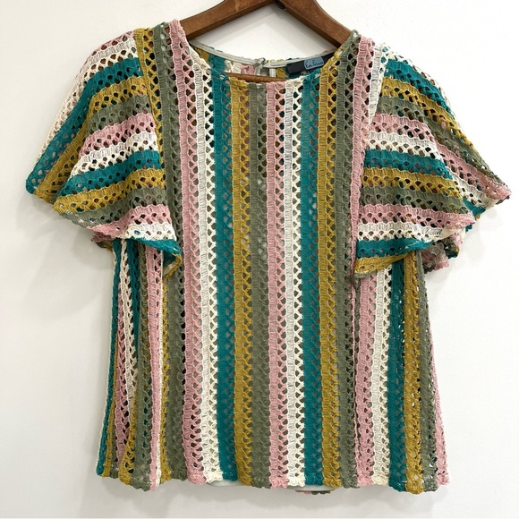 Eva Franco Tops - ANTHROPOLOGIE Eva Franco Candy Striped Crochet Knit Top Butterfly Sleeves Large